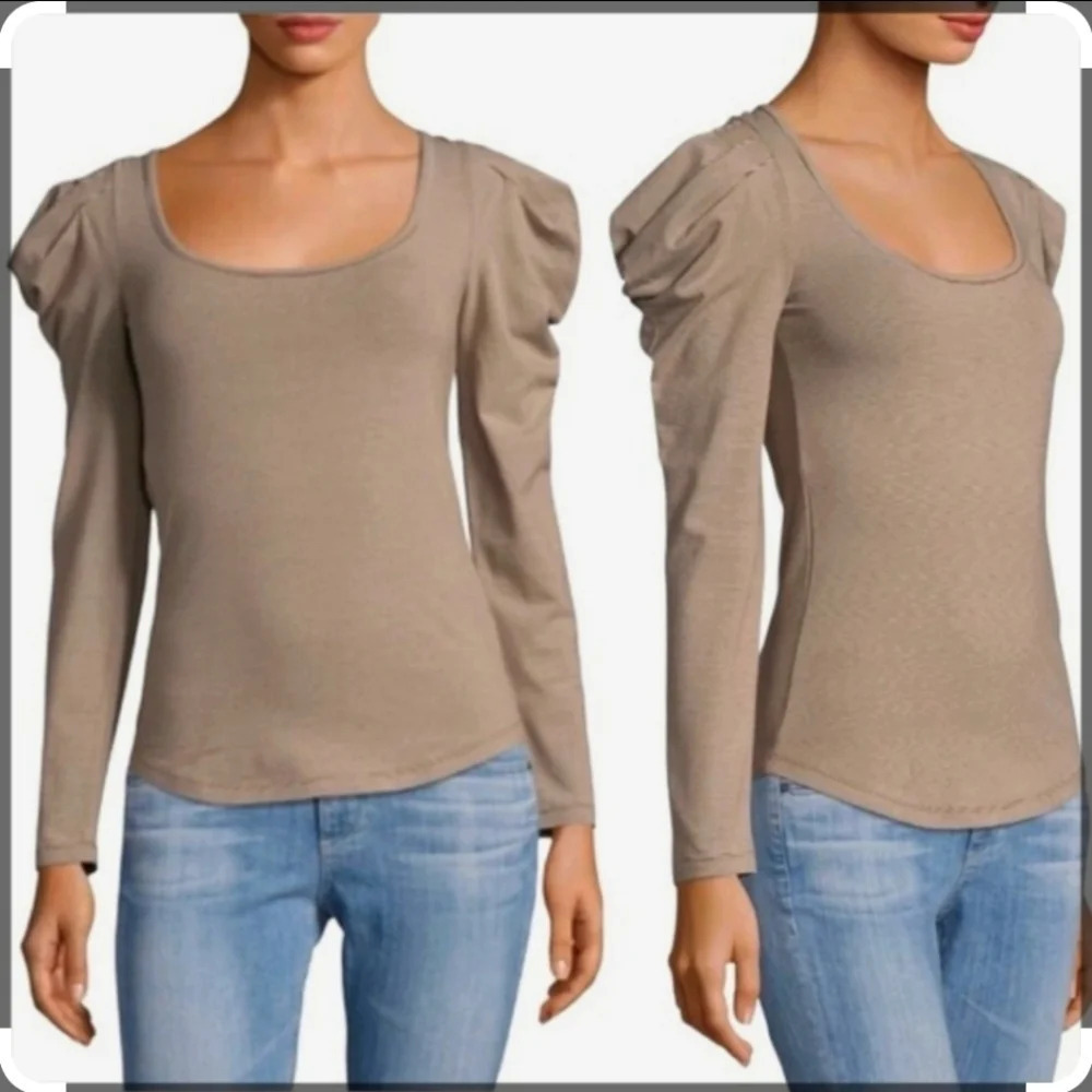 Free People Penelope Ruffle Shoulder Tan White Striped Long Sleeve Shirt Size S